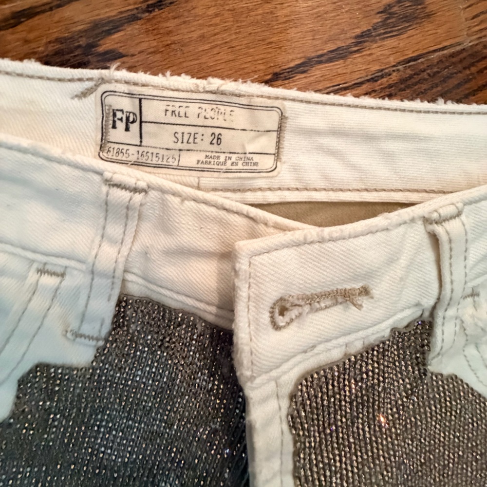 One of a Kind- Free People Cream Denim Shorts with Rhinestone Detail - Picture 2 of 6